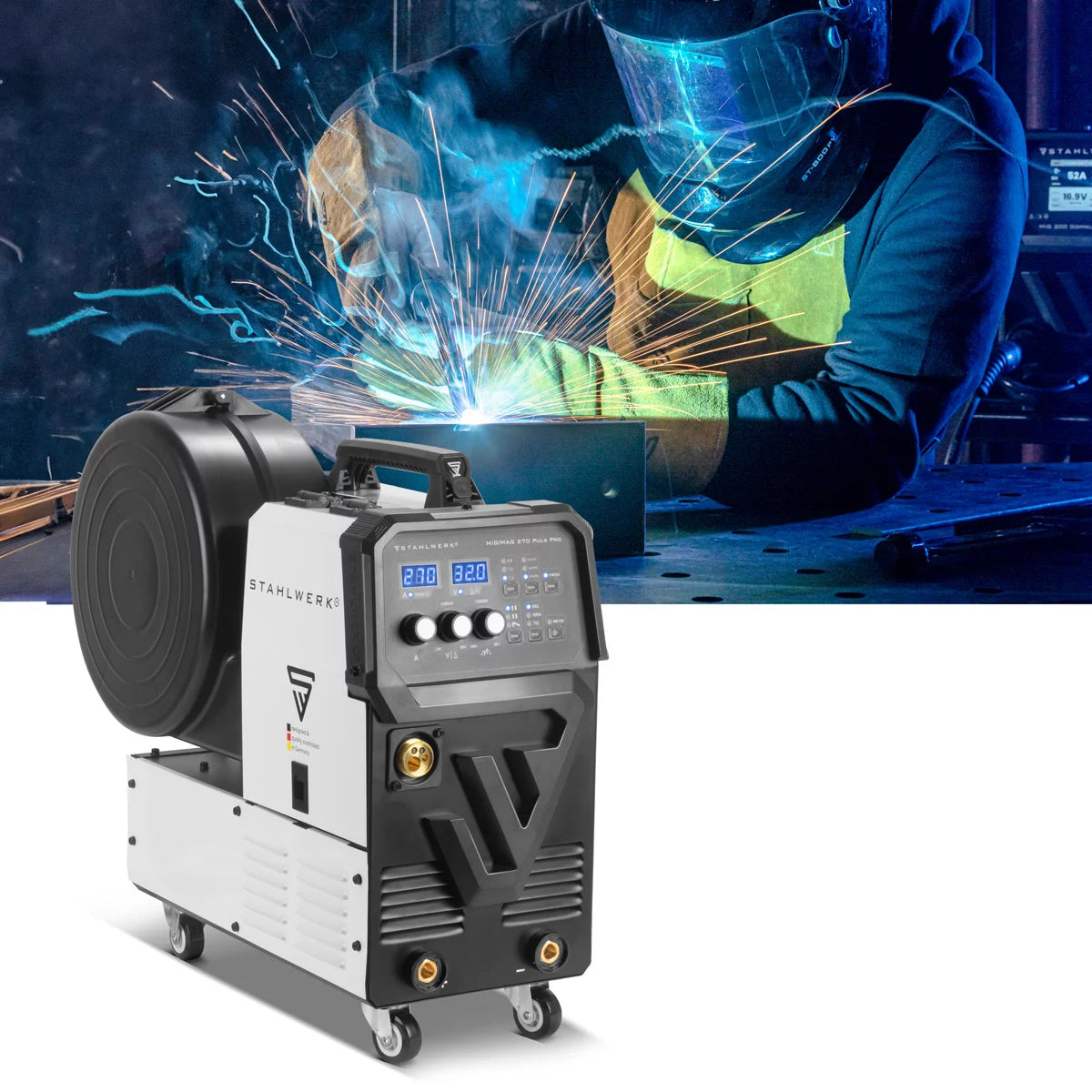Steelworks welding machine MIG 270 pulse Pro | 4-in-1 protective gas welding device with pulse function, AK25/MB25 aluminum welding burner and wearing section set for aluminum welding | Inverter with 270 A, spot function, synergic wire feed, 4-roll drive