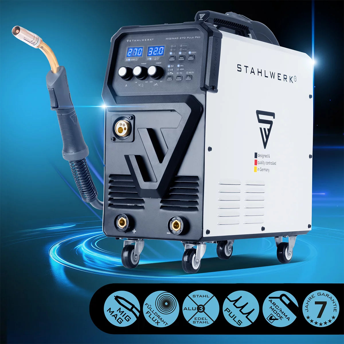 Steelworks welding machine MIG 270 pulse Pro | 4-in-1 protective gas welding device with pulse function | Inverter with 270 A, spot function, synergic wire feed, 4 roll drive, flux, lift tig and mma | ARC function | Pulse-aluminum welding function