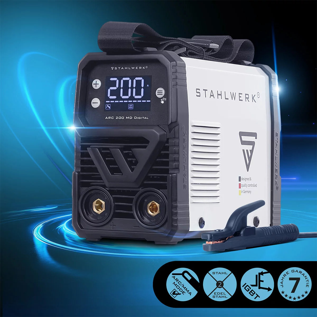 STAHLWERK ARC 200 MD Digital Elektroden-Schweißgerät DC Vollausstattung MMA / E-Hand, Lift-TIG | Echte 200 Ampere | Digital-Display mit Menü | Hotstart, Anti-Stick, ARC-Force, VRD | Smart-Kühlung | IGBT-Technologie