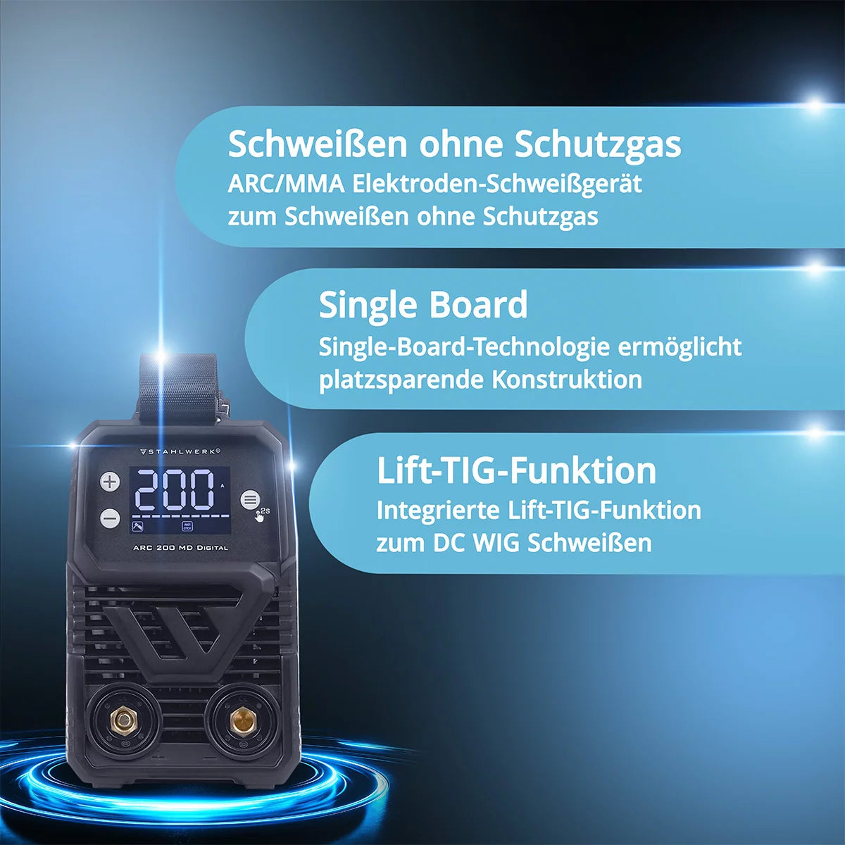 STAHLWERK ARC 200 MD Digital Elektroden-Schweißgerät DC Vollausstattung MMA / E-Hand, Lift-TIG | Echte 200 Ampere | Digital-Display mit Menü | Hotstart, Anti-Stick, ARC-Force, VRD | Smart-Kühlung | IGBT-Technologie