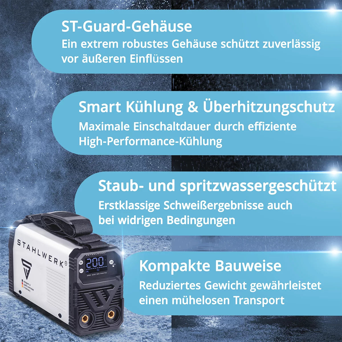 STAHLWERK ARC 200 MD Digital Elektroden-Schweißgerät DC Vollausstattung MMA / E-Hand, Lift-TIG | Echte 200 Ampere | Digital-Display mit Menü | Hotstart, Anti-Stick, ARC-Force, VRD | Smart-Kühlung | IGBT-Technologie