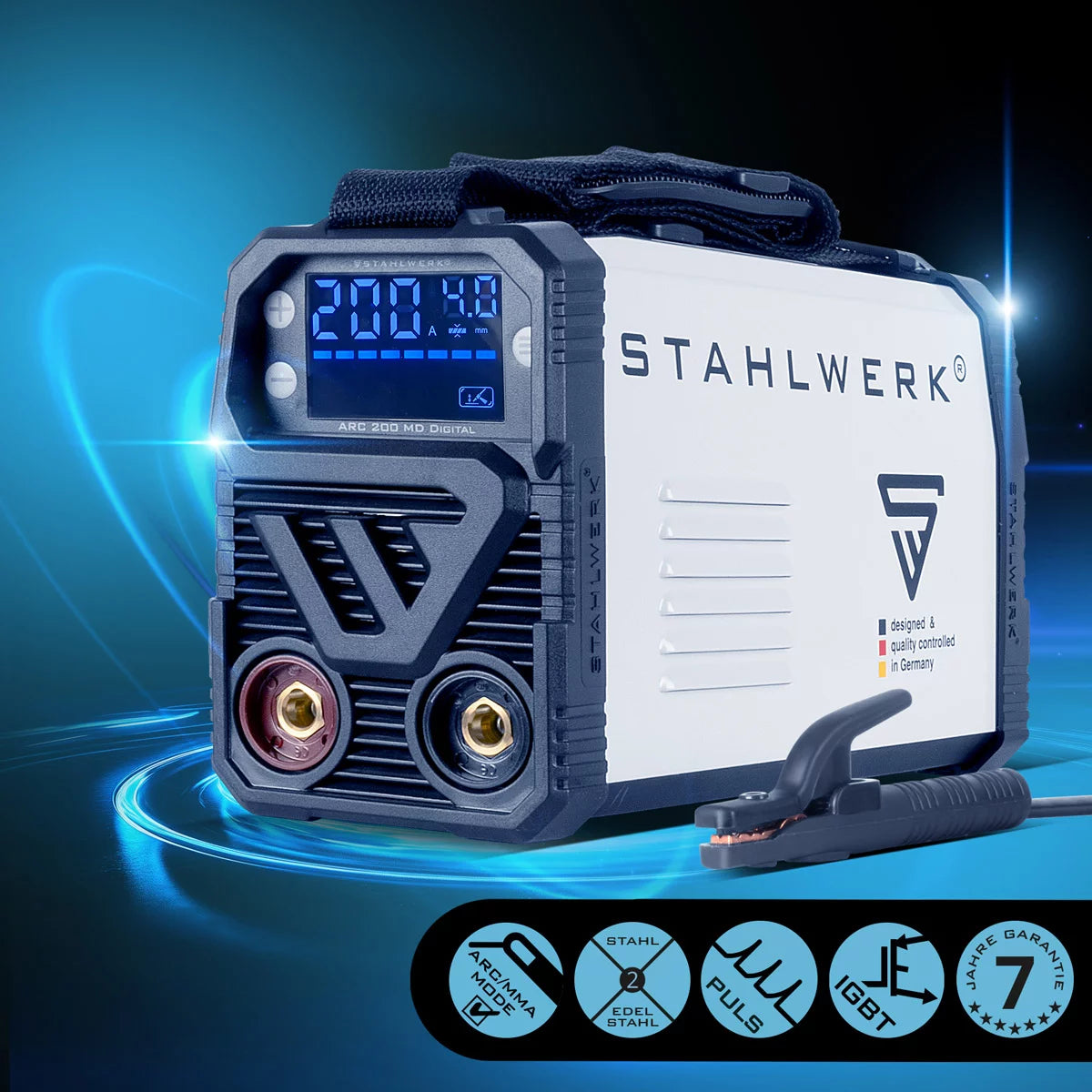 Steelworks Welding Machine Arc 200 MD Digital - DC MMA | E-main | Onduleur de lifting-tig avec 200 ampères, affichage numérique, technologie IGBT et carte unique