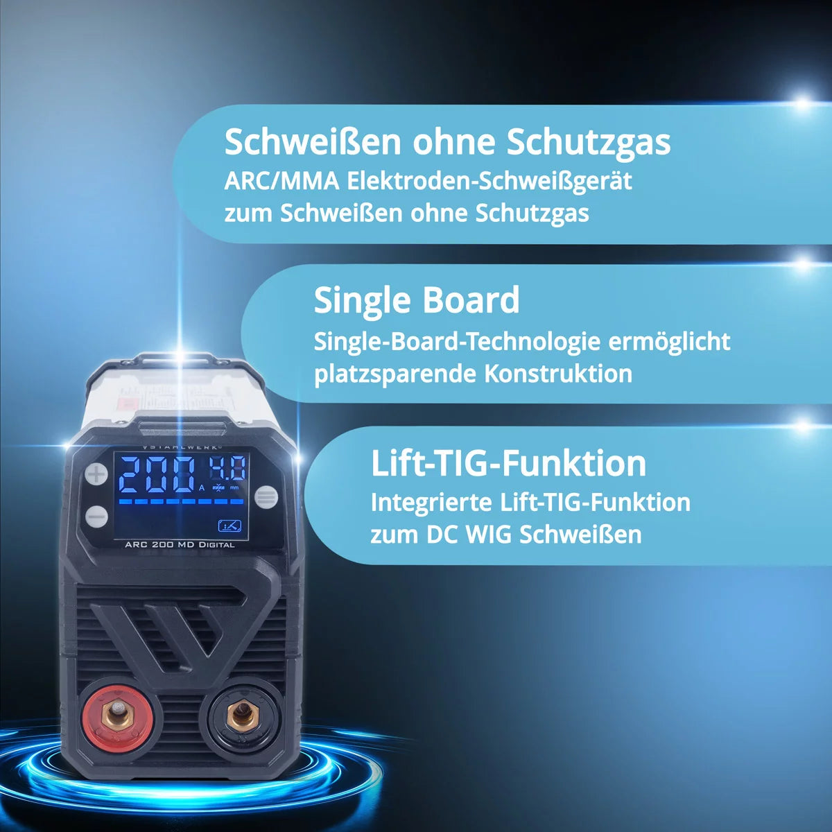 ماكينة لحام STAHLWERK ARC 200 MD Digital - DC MMA | اليد الإلكترونية | عاكس Lift-TIG بقدرة 200 أمبير، شاشة رقمية، تقنية IGBT ولوحة واحدة