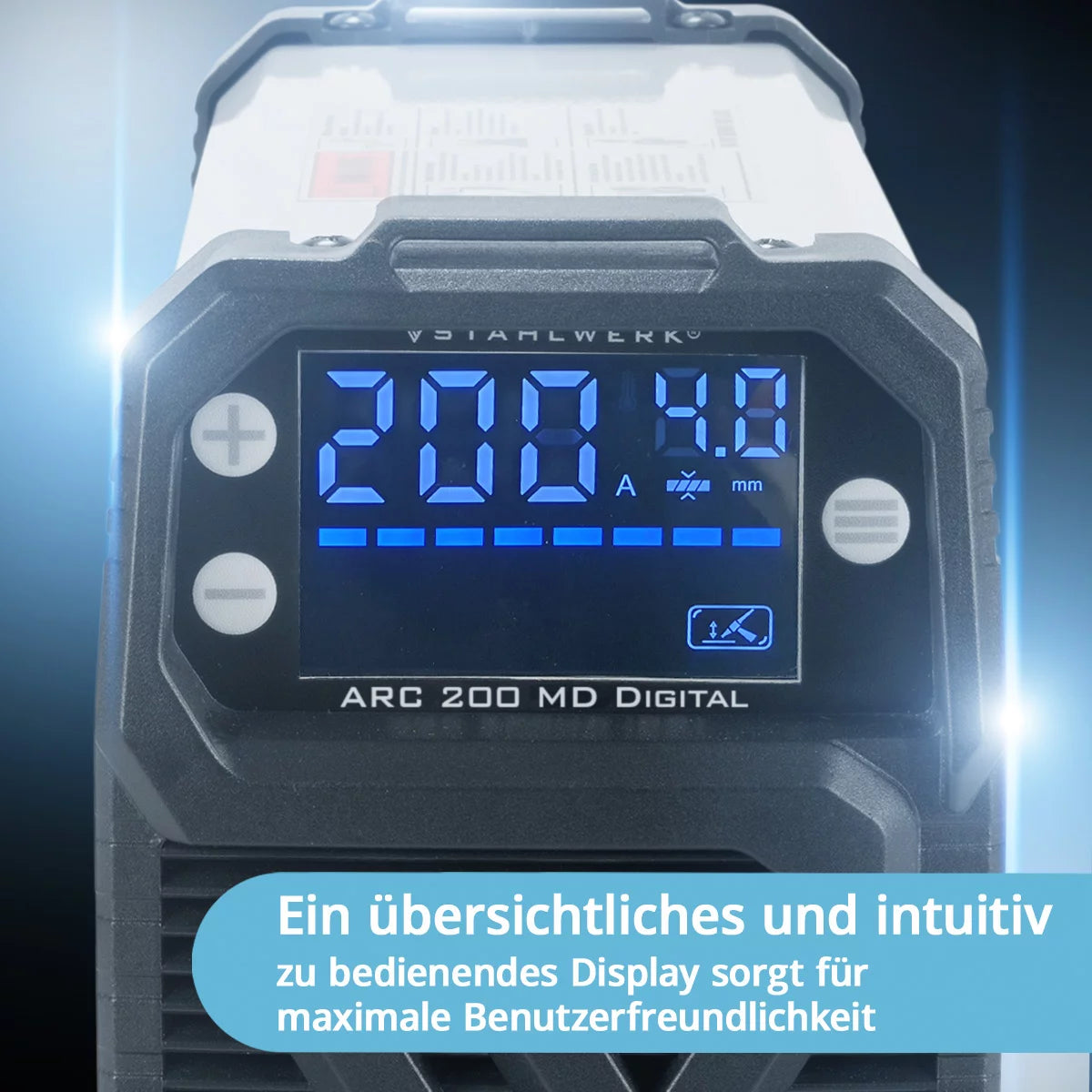 ماكينة لحام STAHLWERK ARC 200 MD Digital - DC MMA | اليد الإلكترونية | عاكس Lift-TIG بقدرة 200 أمبير، شاشة رقمية، تقنية IGBT ولوحة واحدة