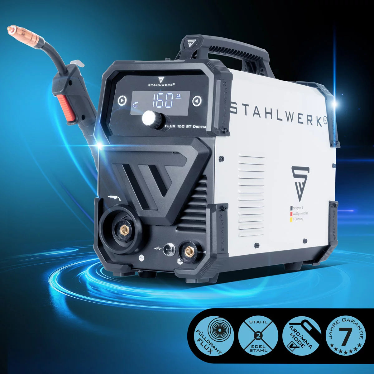 STAHLWERK Schweißgerät FLUX 160 ST Digital mit 160 A Vollausstattung, synergischem Drahtvorschub, Lift TIG und MMA Funktion zum Schweißen ohne Schutzgas