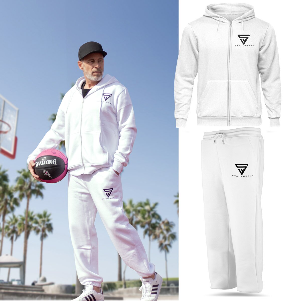Steelworks Jogging Suit White Taille L Tracksuit Suit de piste | Jogger | Suite de formation | Suite de sport | Transpiration | Costume de fitness avec sweat à capuche et pantalon de jogging