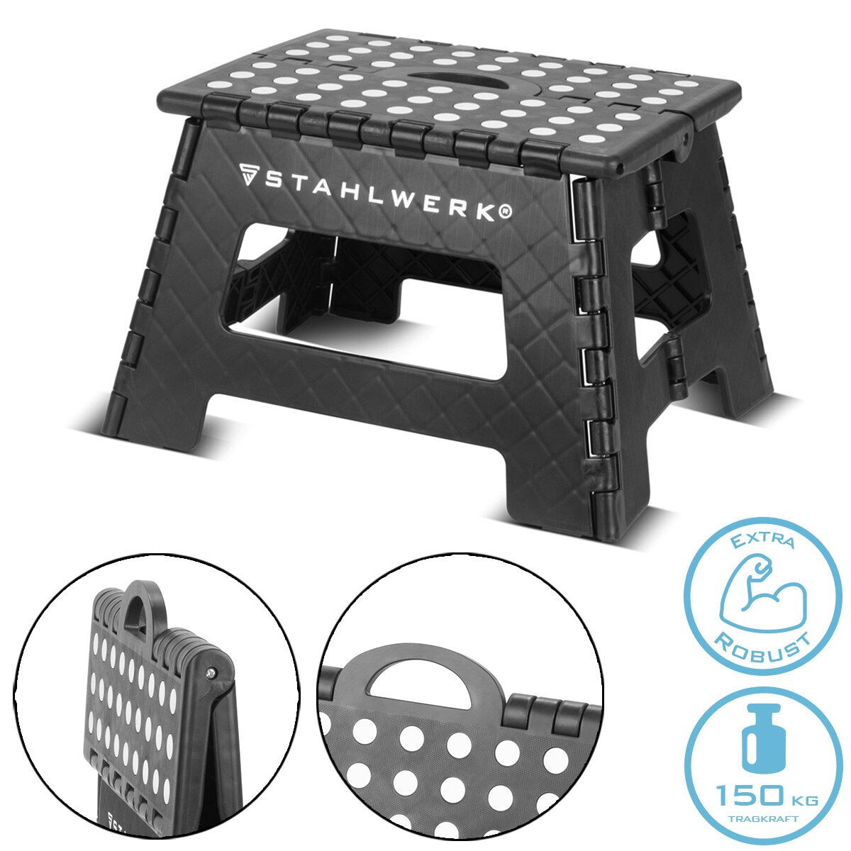 Steelworks folding step KT-2 ST with 150 kg load capacity foldable step stool | Folding stool | Schemel | Tritt step | Folding conductor | Step ladder with a non -slip level