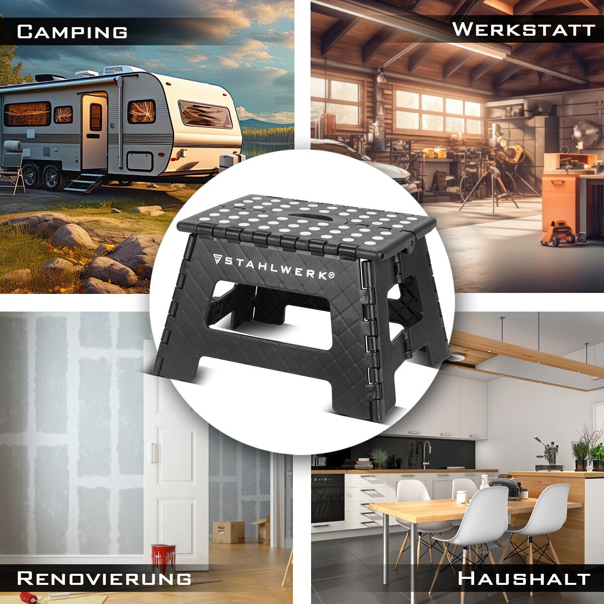Steelworks folding step KT-2 ST with 150 kg load capacity foldable step stool | Folding stool | Schemel | Tritt step | Folding conductor | Step ladder with a non -slip level