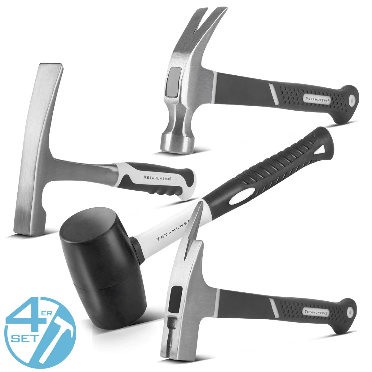 STAHLWERK Hammer 4er Set mit Klauenhammer, Maurerhammer, Latthammer und Gummihammer