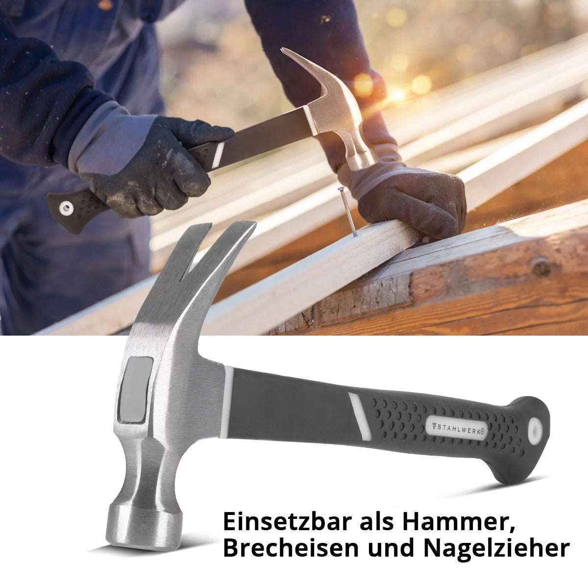 STAHLWERK Klauenhammer 570 g Zimmermannshammer aus geschmiedetem Carbon-Stahl | Latthammer mit rutschsicherem Fiberglas-Griff | Dachdeckerhammer | Krallenhammer| Fiberglas-Hammer