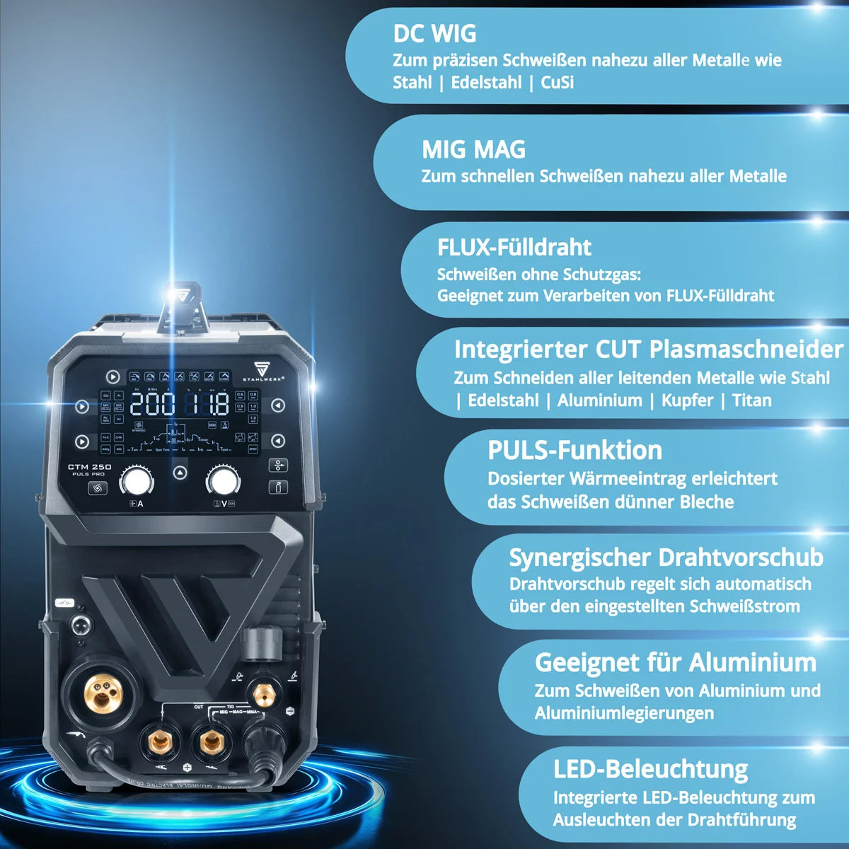 STAHLWERK Kombi-Schweißgerät CTM-250 Puls Pro 6-in-1 Schweißgerät mit 200 A | Vollausstattung | 45 A Plasmaschneider | Puls-Funktion | Synergischer Drahtvorschub | WIG | MIG MAG | PULS | MMA | FLUX