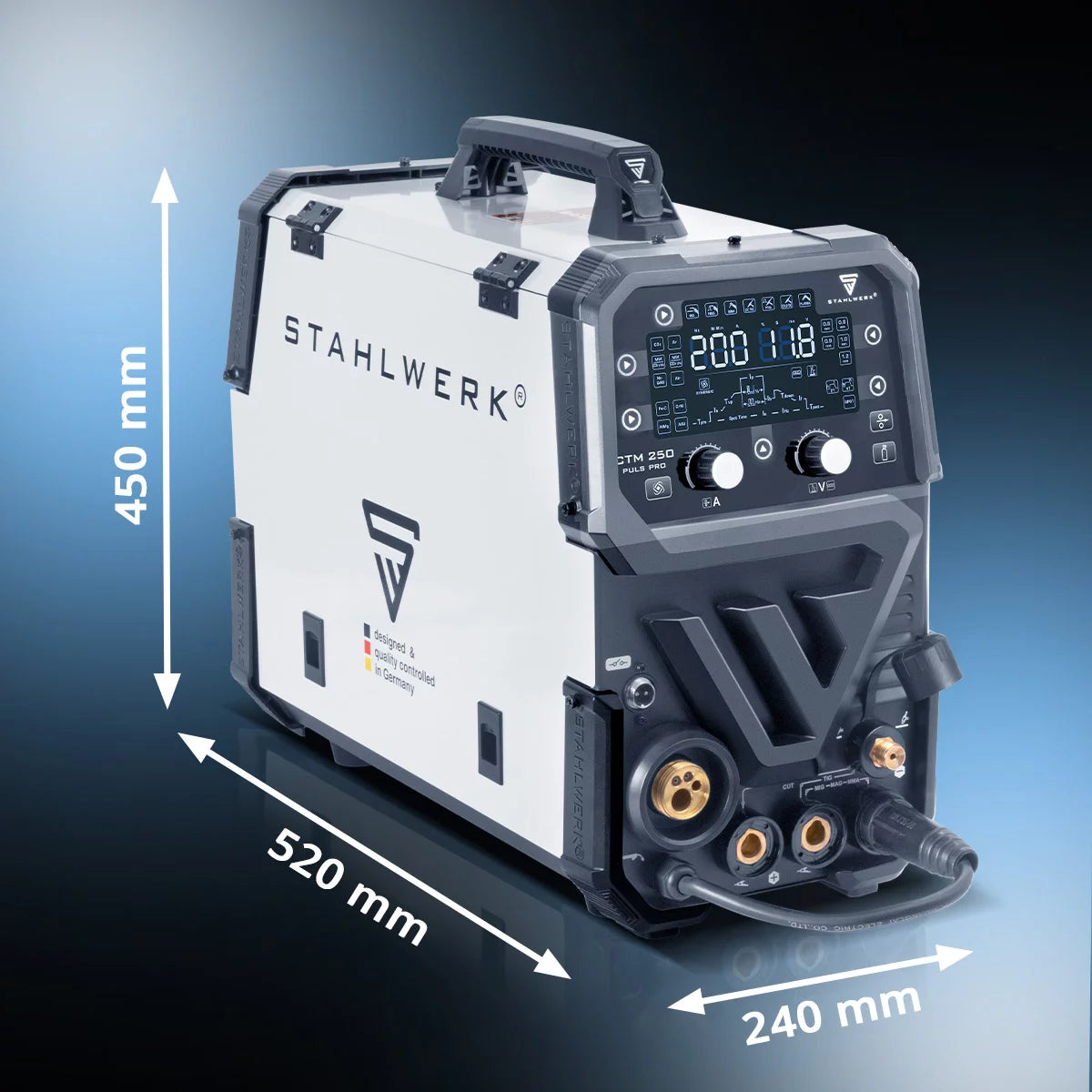 STAHLWERK Kombi-Schweißgerät CTM-250 Puls Pro 6-in-1 Schweißgerät mit 200 A | Vollausstattung | 45 A Plasmaschneider | Puls-Funktion | Synergischer Drahtvorschub | WIG | MIG MAG | PULS | MMA | FLUX