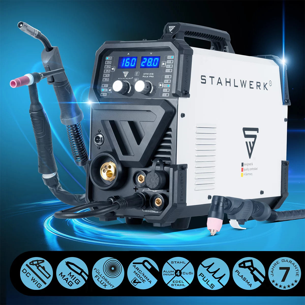 STAHLWERK welding machine CTM-416 Puls Pro 6-in-1 inert gas welding machine | Inverter with 160 A, pulse function for aluminum and 40 A plasma cutter CUT | TIG | MIG MAG | PULSE | MMA | FLUX