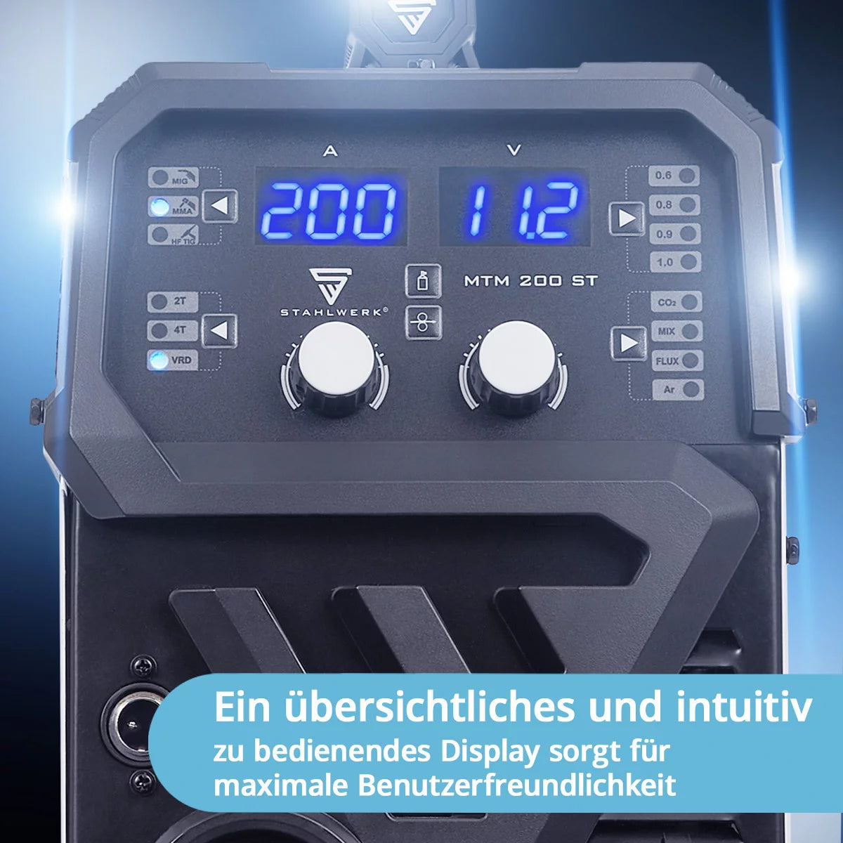 STAHLWERK MTM-200 ST ماكينة لحام بالغاز الخامل 3 في 1 | 200 عاكس مركب لحام TIG، MIG/MAG، MMA، FLUX، CuSi3 | اشتعال التردد العالي | مغذي الأسلاك التآزرية | VRD وHotstart | وضع 2 شوط / 4 شوط