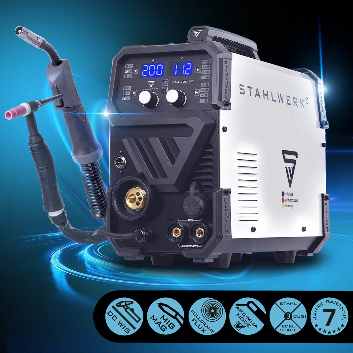 STAHLWERK MTM-200 ST 3-in-1 Schutzgas-Schweißgerät Vollausstattung | 200 A Kombi-Inverter für WIG, MIG/MAG, MMA, FLUX, CuSi3-Löten | HF-Zündung | Synergischer Drahtvorschub | VRD und Hotstart | 2-Takt / 4-Takt Modus