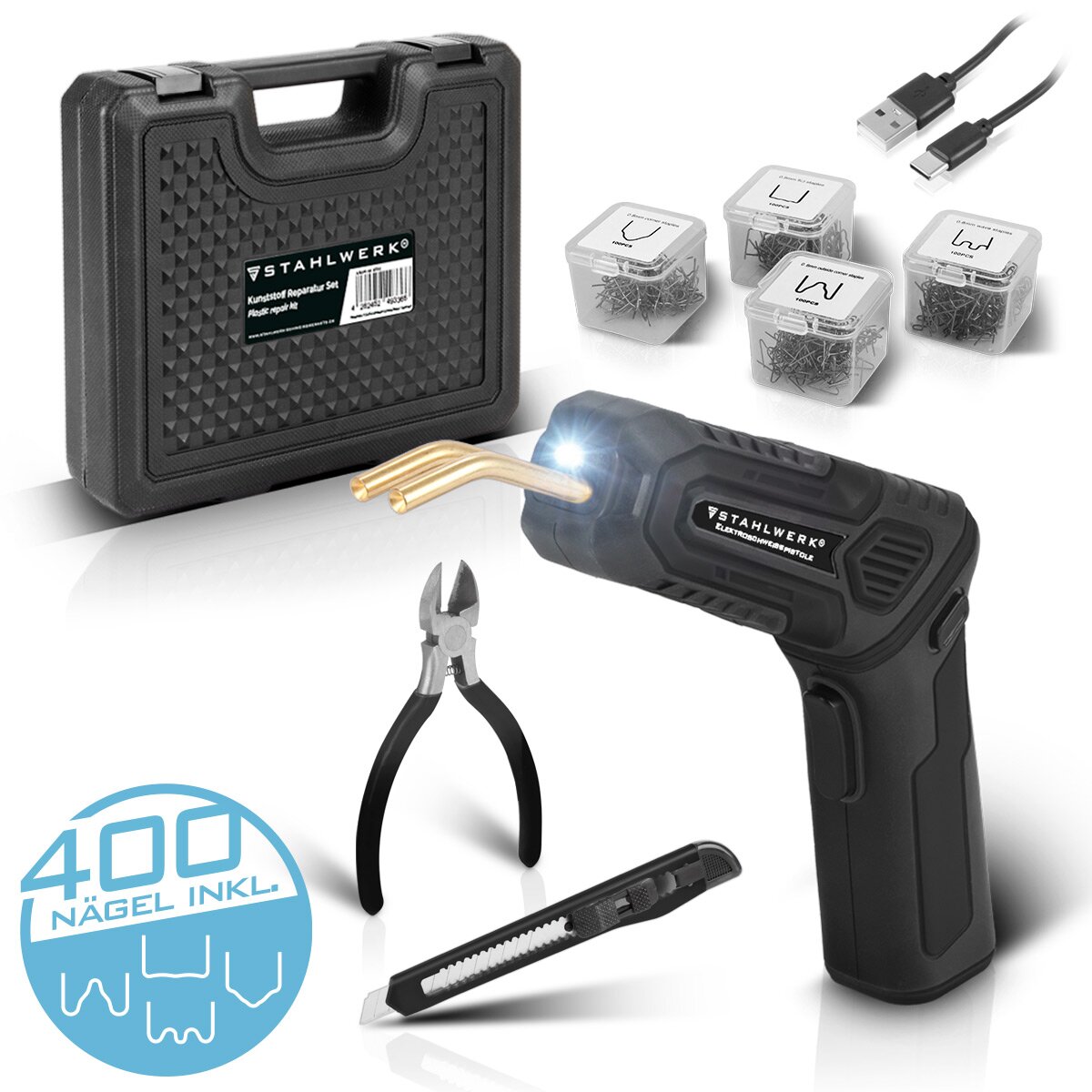 Steelworks plastic repair set with battery plastic welding device and 400 welding gails, hot booklets | Dellenliftter | USB Smart Repair Set Set for bumpers and plastic components