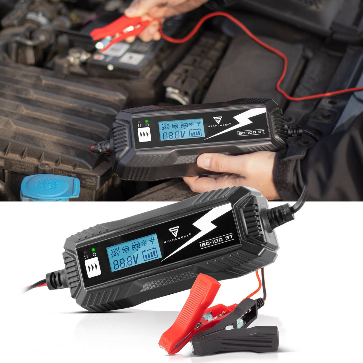 Caricatore della batteria in acciaio IBC-100 ST con microprocessore e 10 ladEdii per 12 V/24 V AGM, VRLA, MF, SLA e Gel Batterie | Caricatore intelligente per auto e moto