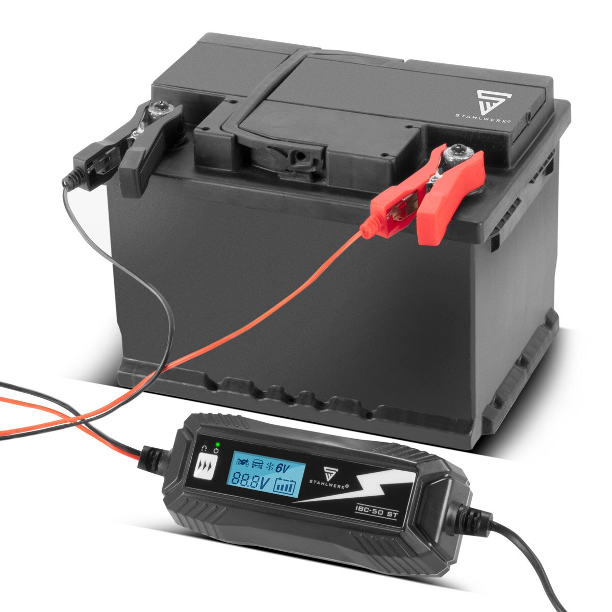 Steelworks Battery charger IBC-50 ST with microprocessor and 4 LADEDII for 6V/12V AGM, VRLA, MF, SLA and GEL batteries | Intelligent charger for car and motorcycle