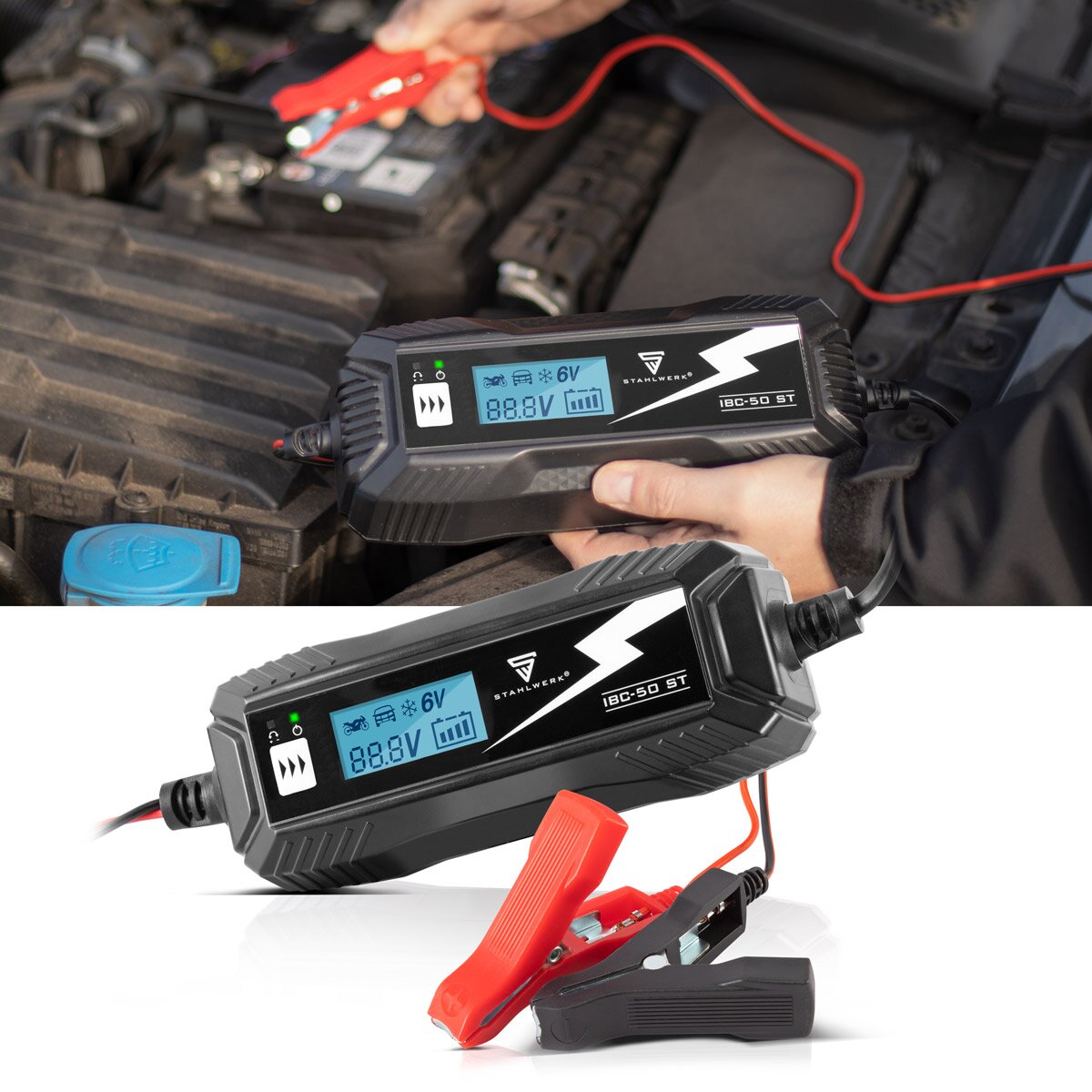 Steelworks Battery charger IBC-50 ST with microprocessor and 4 LADEDII for 6V/12V AGM, VRLA, MF, SLA and GEL batteries | Intelligent charger for car and motorcycle