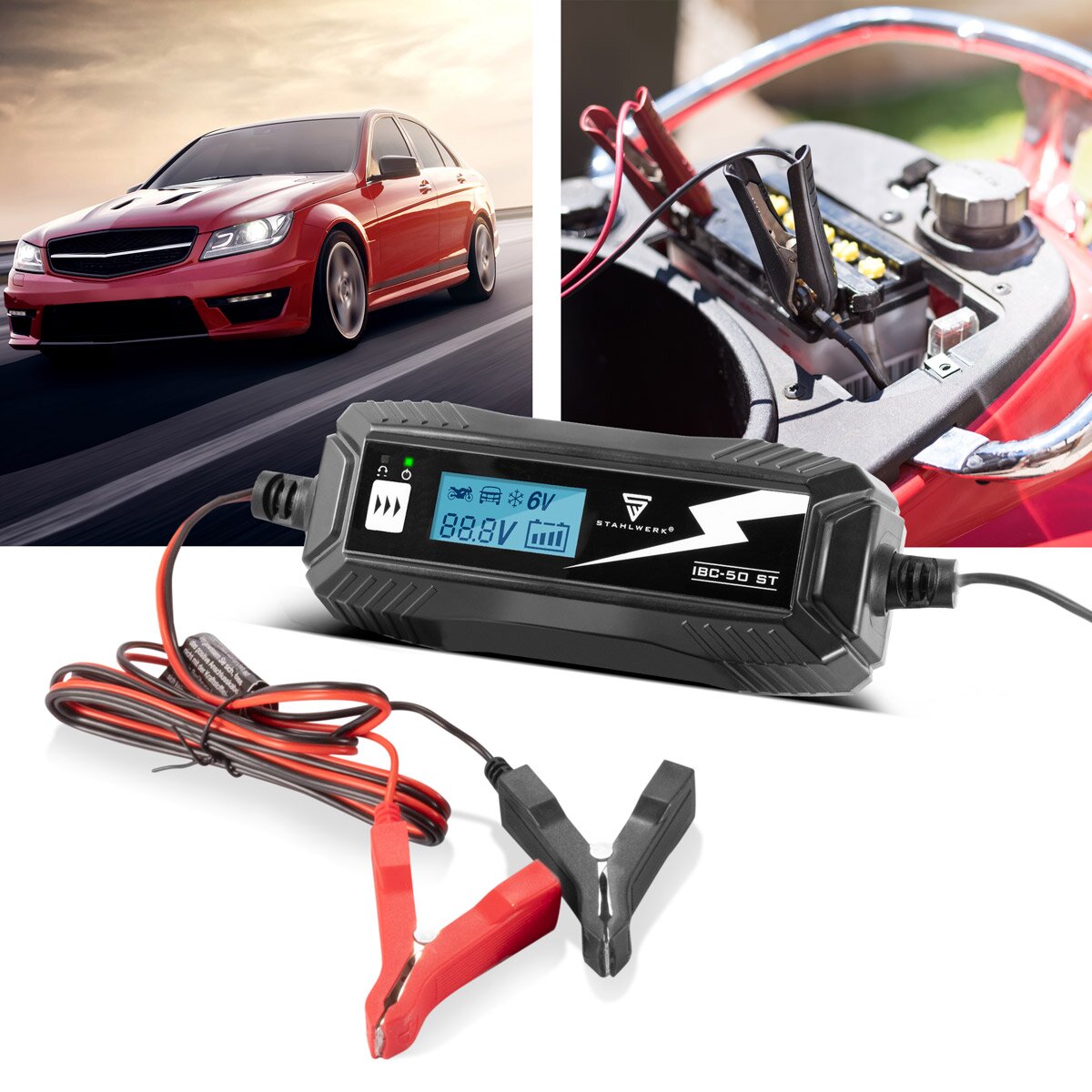 Steelworks Battery charger IBC-50 ST with microprocessor and 4 LADEDII for 6V/12V AGM, VRLA, MF, SLA and GEL batteries | Intelligent charger for car and motorcycle