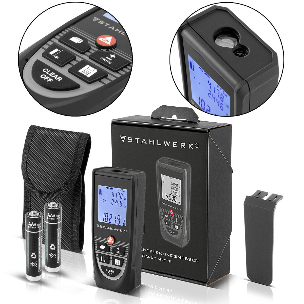 Telémetro láser STAHLWERK LE-60 ST Medidor de distancias de hasta 60 m con pantalla digital LCD iluminada, medidor de distancias y telémetros para medir distancias y volúmenes con precisión en obras o en interiores