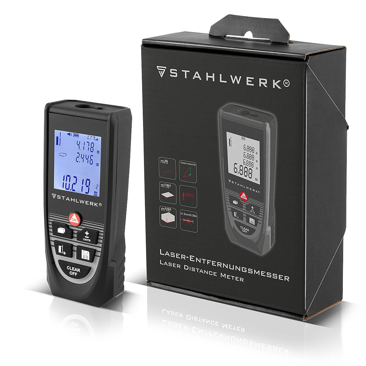 Telémetro láser STAHLWERK LE-80 ST Medidor de distancia de hasta 80 m con pantalla digital LCD iluminada, medidor de distancias y telémetros para medir distancias y volúmenes con precisión en obras o en interiores