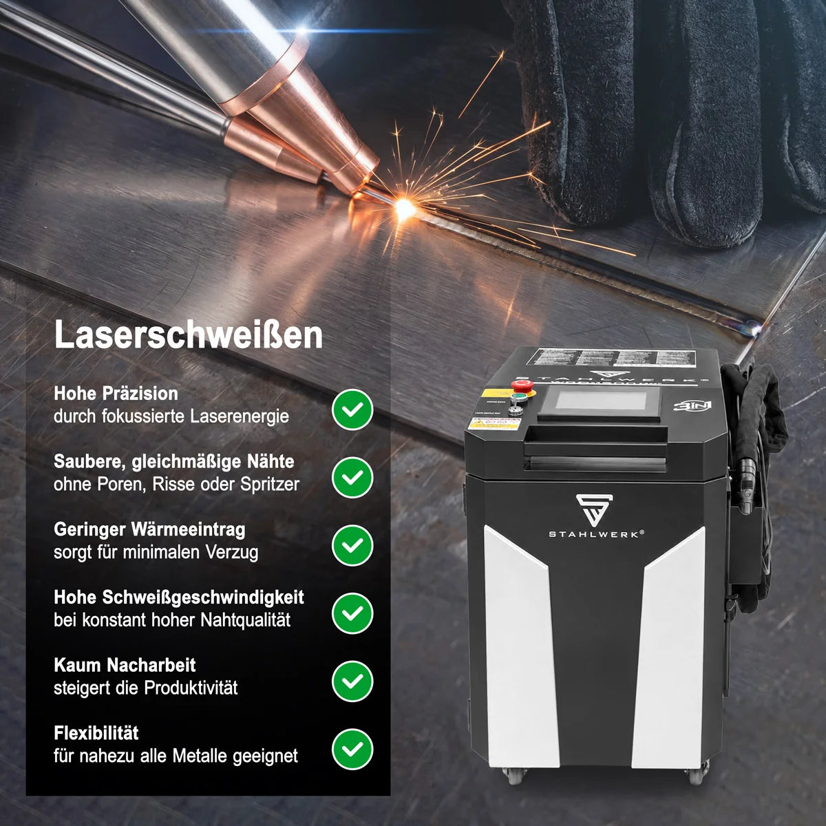 STAHLWERK Laser-Schweißgerät WCD 1500 Laser Pro mit 1500 W | 3-in-1-Laser-Schweißanlage zum Schweißen, Schneiden und Reinigen | Handgeführtes Schweißsystem mit CW-Faserlaser | Laserklasse 4 | 230 V