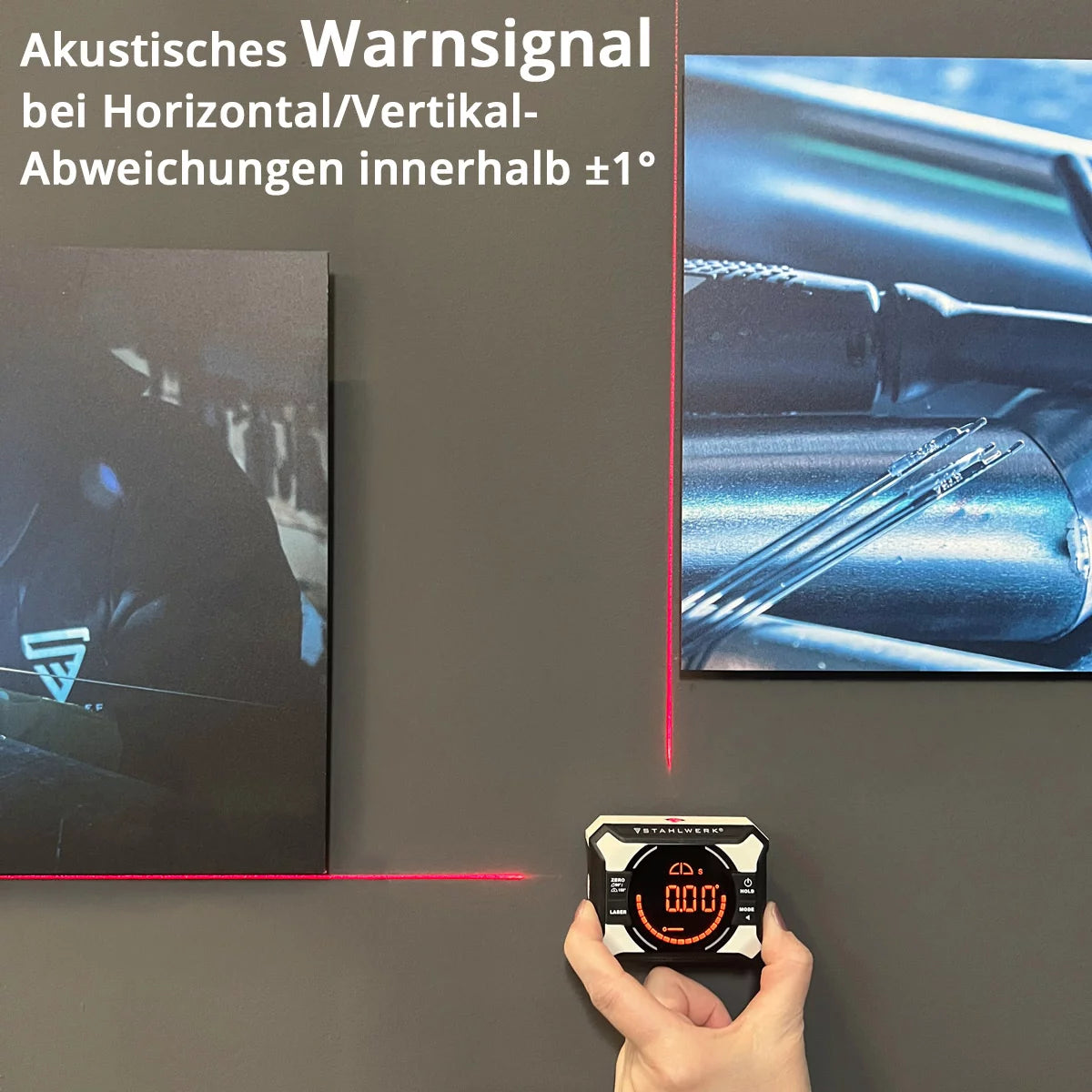 STAHLWERK Digitales Laser-Winkelmessgerät DAG-360 ST | Digitaler Winkelmesser und Wasserwaage mit Kreuzlinien-Laser| Level Box | Nivellieranzeige | Magnetbefestigung | Li-Ion Akku | USB-C Ladeport