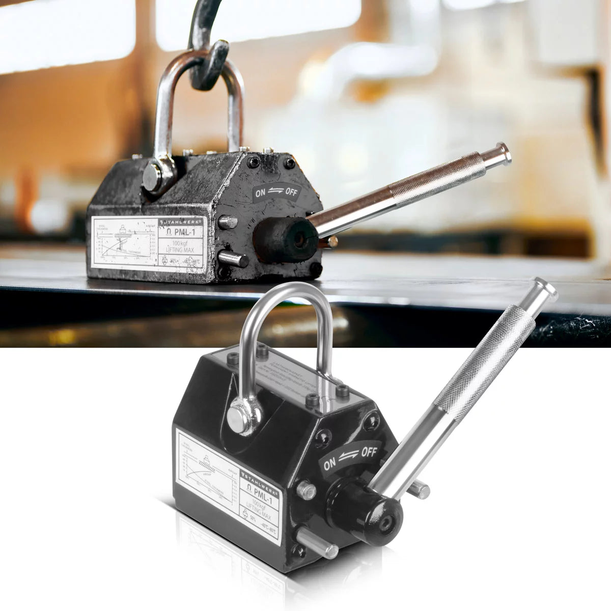 Steelwork Lasting magnet with 100 kg / 220 LBS load capacity and 350 kg / 771 LBS tract force hand -controlled crane magnet | Magnetlifter | Hebemagnet