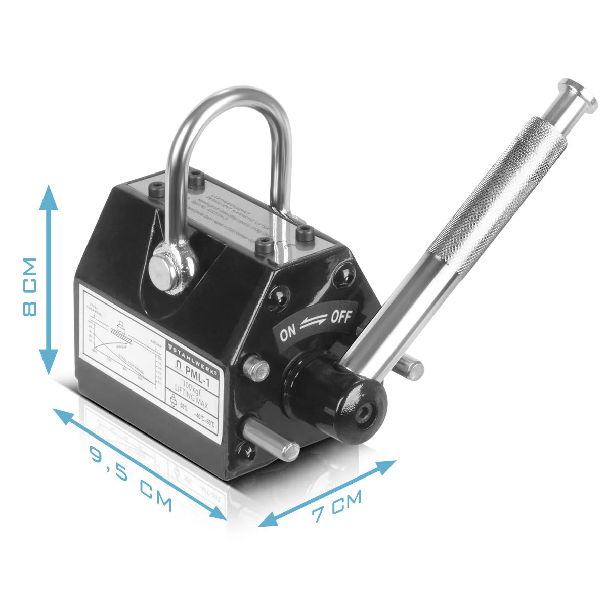 Steelwork Lasting magnet with 100 kg / 220 LBS load capacity and 350 kg / 771 LBS tract force hand -controlled crane magnet | Magnetlifter | Hebemagnet