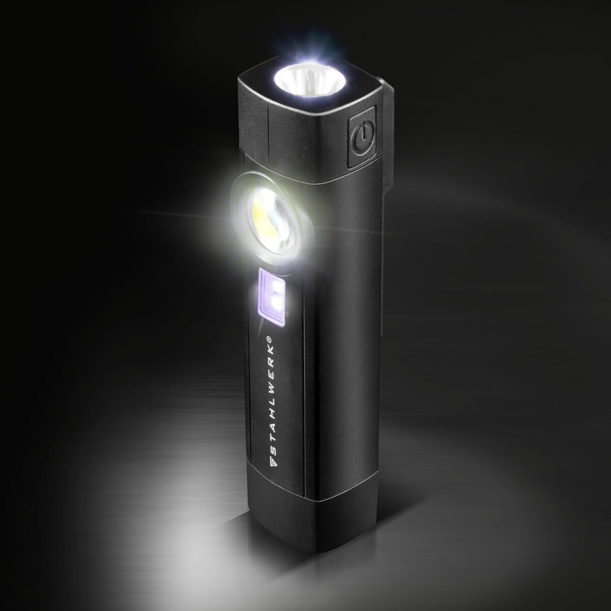 Lámpara de trabajo LED de acero AL-3 ST potente lámpara de linterna / taller de 5 vatios con 4 modos de luz que incluyen luz UV, batería integrada, imán y conexión USB