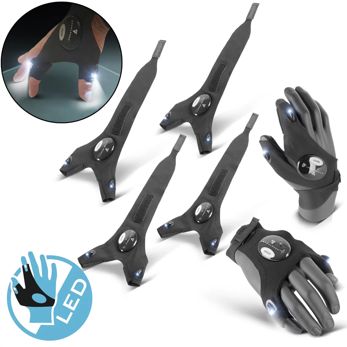 STAHLWERK LED-Handschuhe 2er Set | Helles Licht und freie Hände bei Reparaturen oder Montagearbeiten | Arbeitshandschuhe mit Licht | Universell einsetzbar | Einheitsgröße I Ideal für Mechaniker und Handwerker
