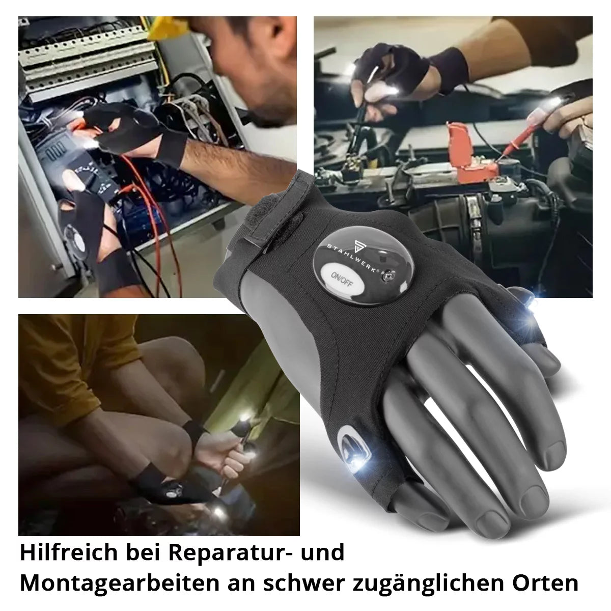 Steelworks LED gloves 2 Set | Light light and free hands during repairs or assembly work Work gloves with light | Universal usable | Unit size I ideal for mechanics and craftsmen