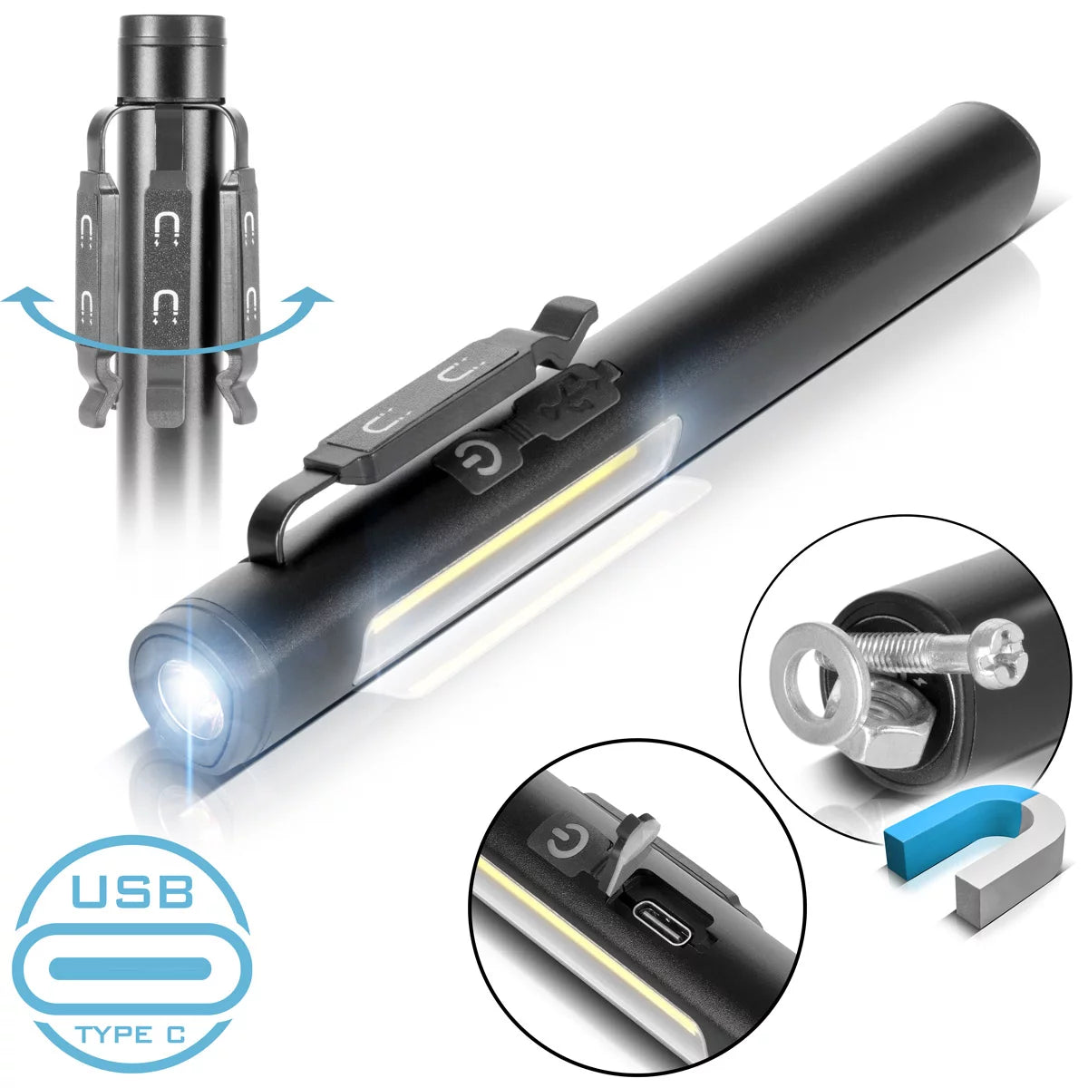 Steelworks LED working light | Powerful stable lamp with COB flashlight | Workshop lamp with magnetic bracket | USB-C connection | 600 mAh battery | Quickly rechargeable | Universally usable LED lamp