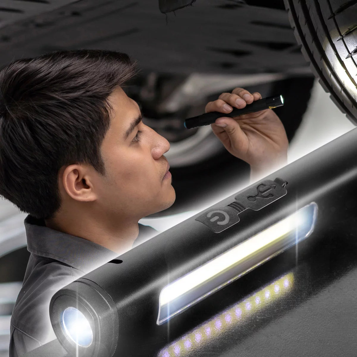 Luz de trabajo LED de Steelworks | Potente lámpara estable con linterna COB | Lámpara de taller con soporte magnético | Conexión USB-C | Batería de 600 mAh | Rápidamente recargable | Lámpara LED universalmente utilizable