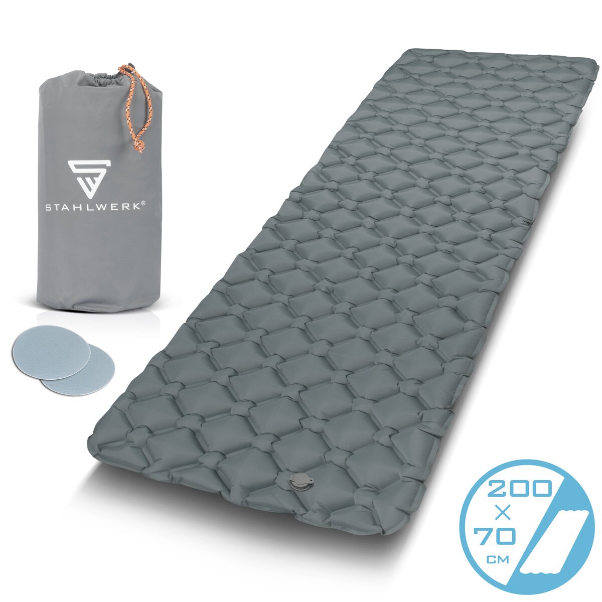 Catchante de aire de acero LM-70 ST 200 x 70 cm Camino de aire inflable | Colchón de campamento | Ismatte | Alfombra de sueño | Travelumes que incluye bolsa de transporte para acampar y al aire libre