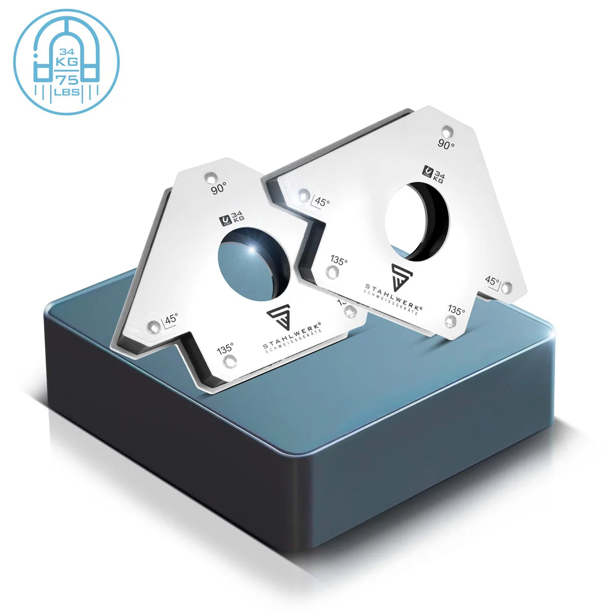 STAHLWERK 2 × magnetic welding angle magnetic angle welding magnet 45° x 90° x 135°, 34 kg / 75 lbs