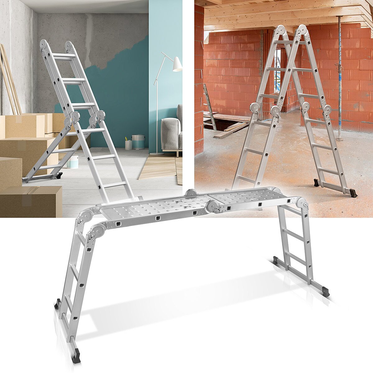 Steelworks Manager polyvalent ML-356 ST 150 kg Capacité de charge, 3 en 1 Échelle échafaudage / conducteur de pliage en aluminium / plate-forme d'échafaudage / échafaudage avec germes non glissants, y compris 7 ans de garantie du fabricant