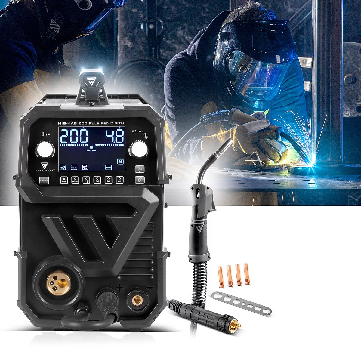 STAHLWERK MIG MAG 200 Spot Puls Pro Set digitale in alluminio | Saldatrice a gas inerte | Convertitore IGBT 200 A| Trainafilo sinergico | Azionamento a 4 rulli, FLUX, Lift-TIG, MMA, CuSi, MIG-Pulse per alluminio