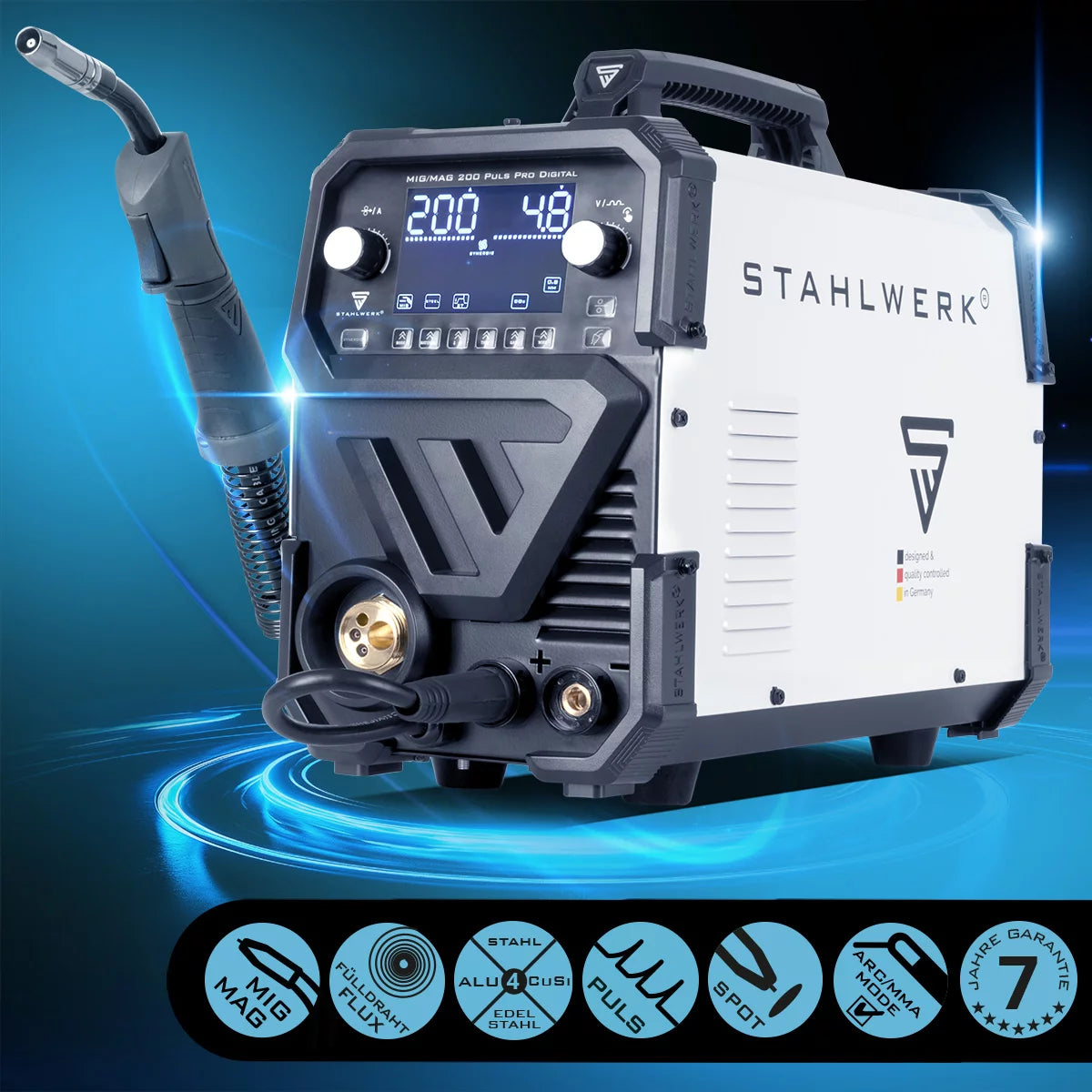 STAHLWERK MIG MAG 200 Spot Puls Pro Set digitale in alluminio | Saldatrice a gas inerte | Convertitore IGBT 200 A| Trainafilo sinergico | Azionamento a 4 rulli, FLUX, Lift-TIG, MMA, CuSi, MIG-Pulse per alluminio