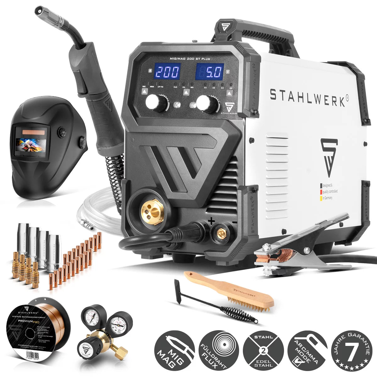 Steelworks welding machine MIG MAG 200 ST Plus full equipment Protection gas welding device | IGBT Inverter with 200 A, synergic wire feed, flux, lift-tig and MMA | ARC function