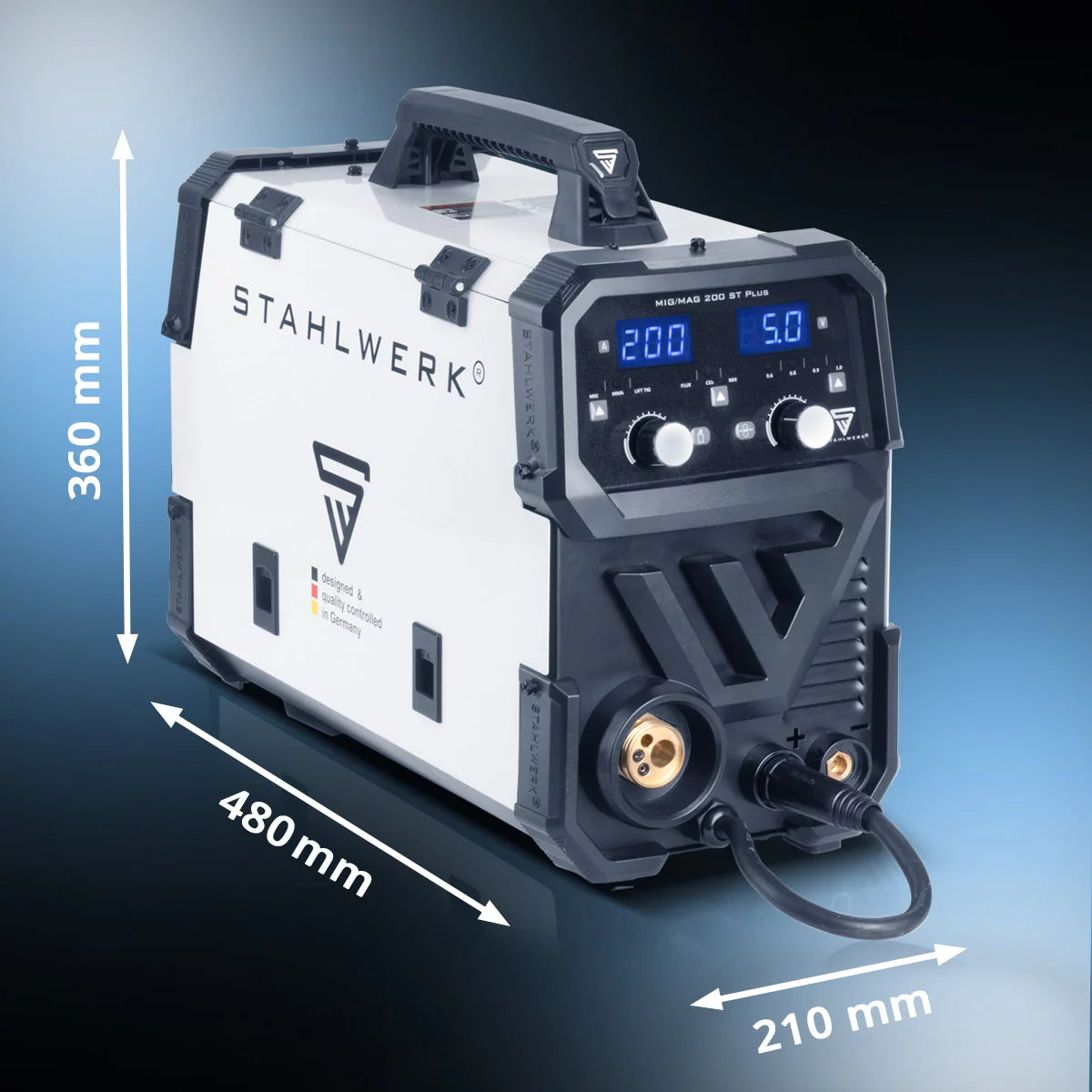 Stahlwerk welding machine MIG MAG 200 ST plus protective gas welding equipment | IGBT Inverter with 200 A, synergic wire feed, flux, lift-tig and MMA | ARC function