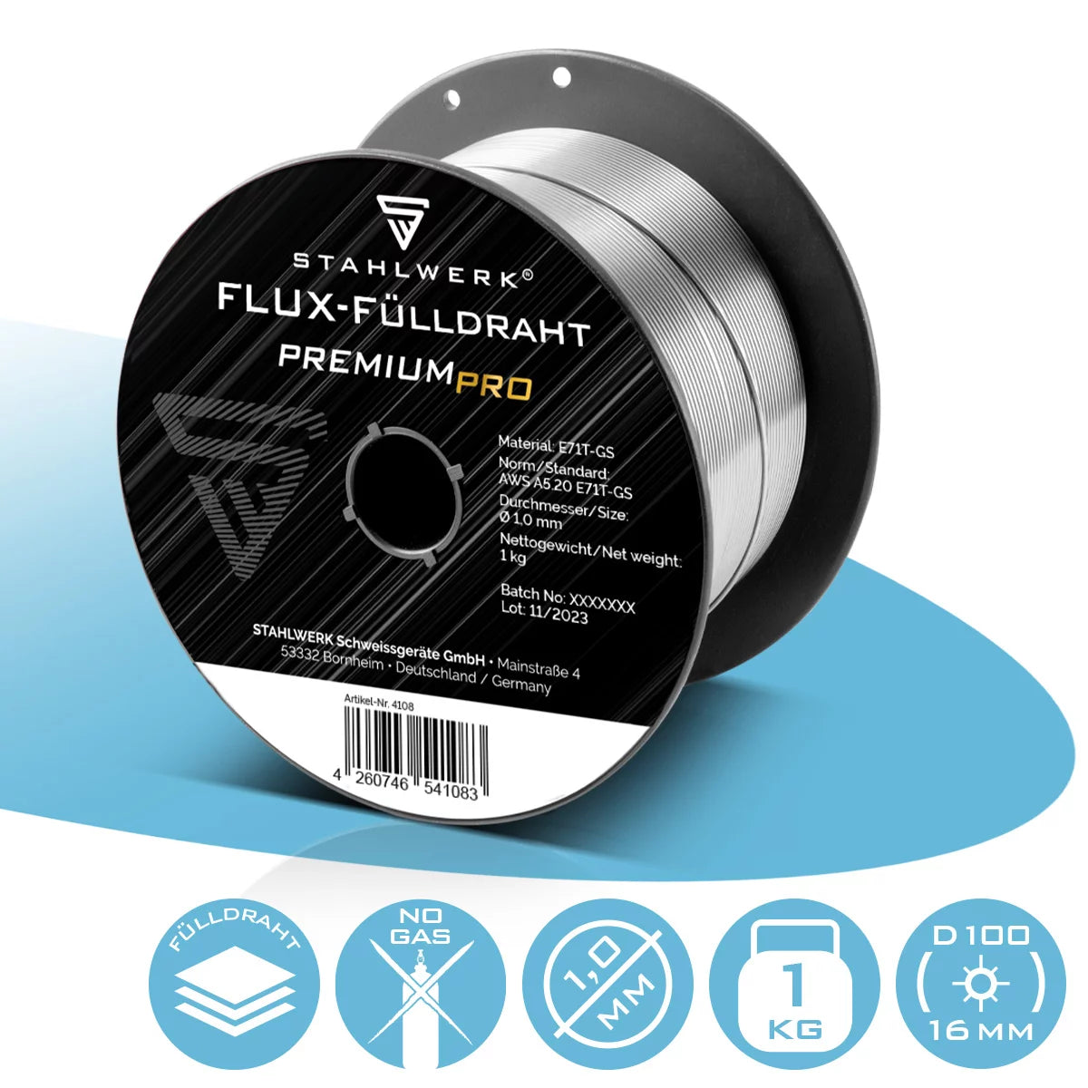 STAHLWERK MIG MAG Premium Fülldraht Drahtrolle E71T-GS 1,0 mm S100/D100 Rolle 1 kg