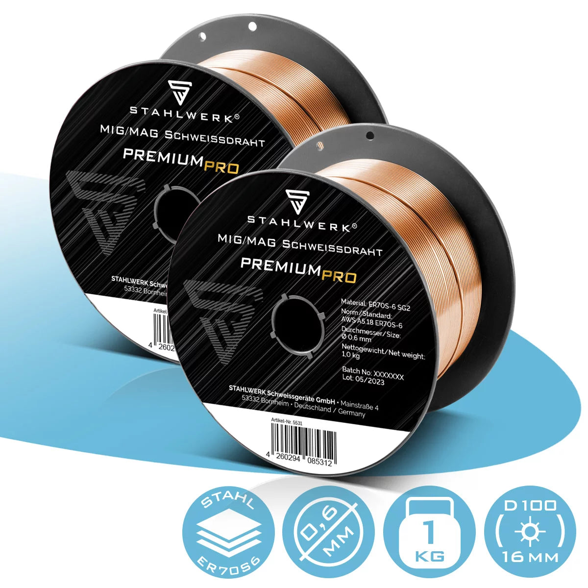 Acciaio 2 Set Mig Mag Wiss Wire ER70S-6 SG2 Ø 0,6 mm S100/D100 Rullo di filo 1 kg