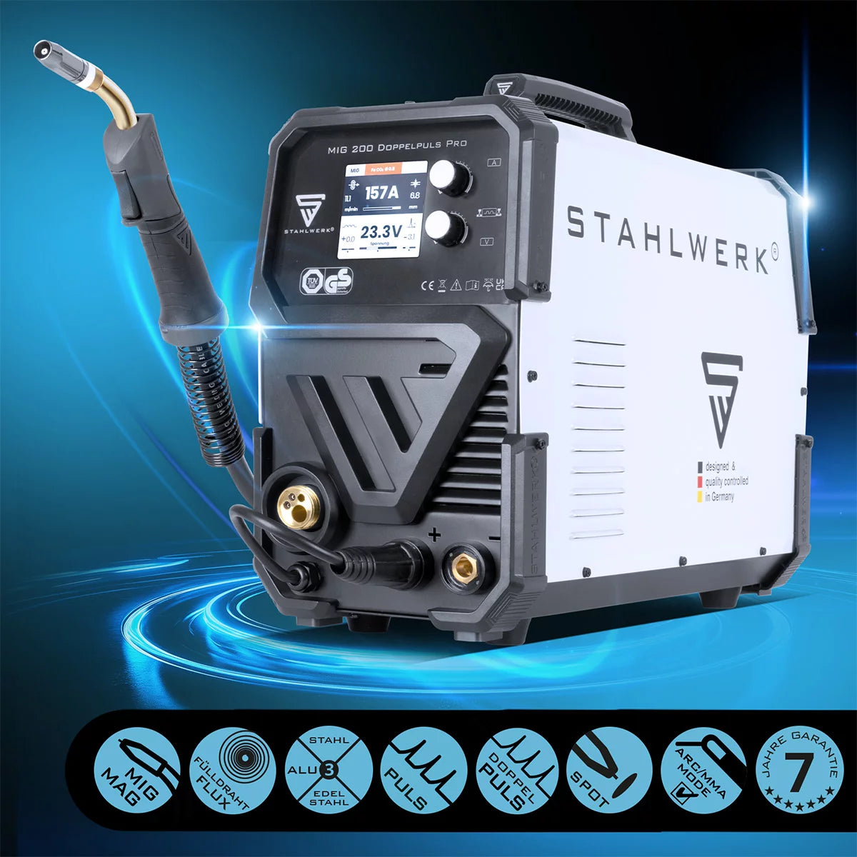 STAHLWERK MIG MAG 200 Doppelpuls Pro vollsynergisches Schweißgerät mit 200 Ampere und AK25/MB25 Schweißbrenner, Stahl, Edelstahl, Aluminium, Fülldraht
