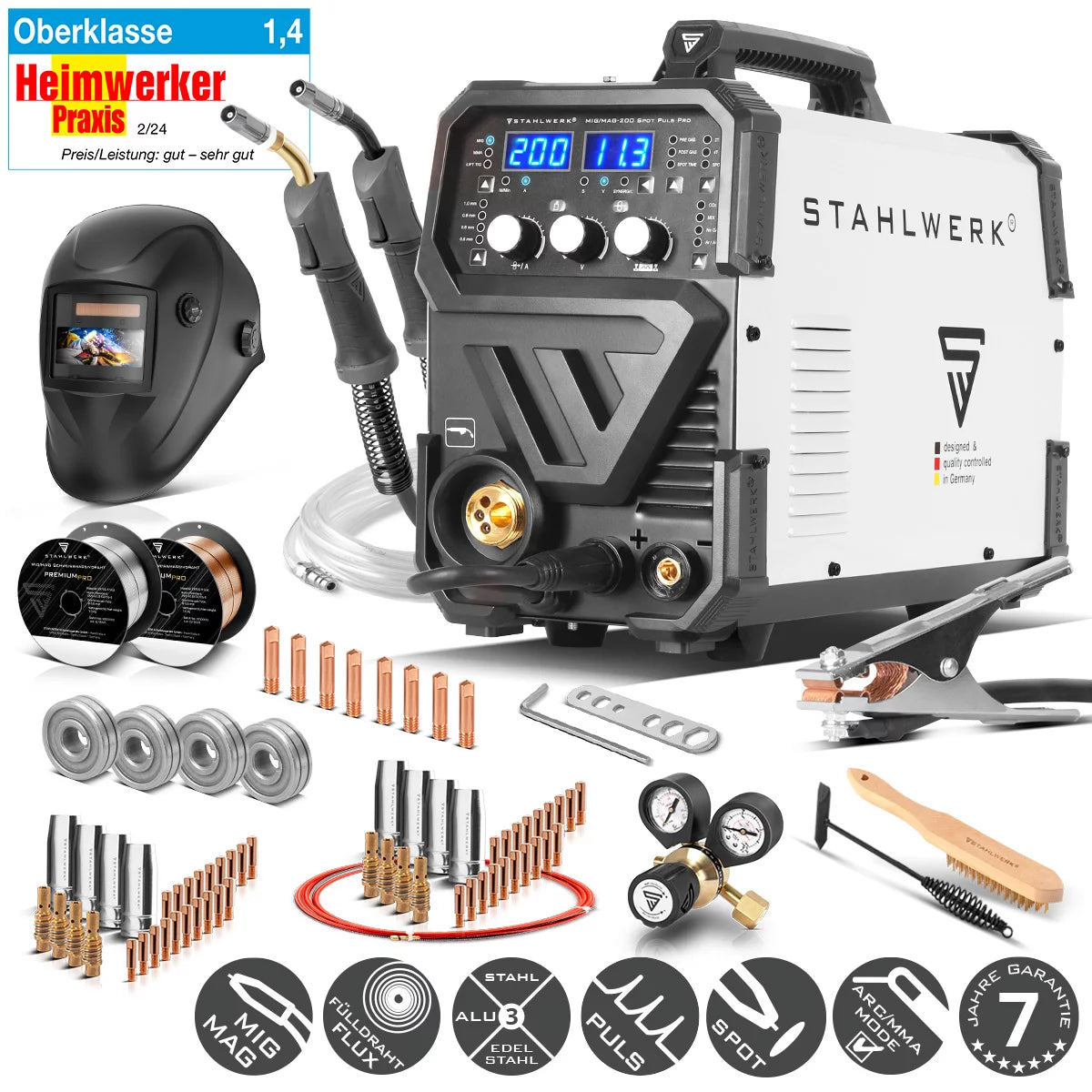 STAHLWERK Schweißgerät MIG MAG 200 Spot Puls Pro Vollausstattung, Vollsynergischer IGBT Inverter, 5 in 1 Kombigerät mit Spotfunktion und 200 Ampere, Alu | Fülldraht | MIG MAG | ARC MMA | Lift TIG | Puls