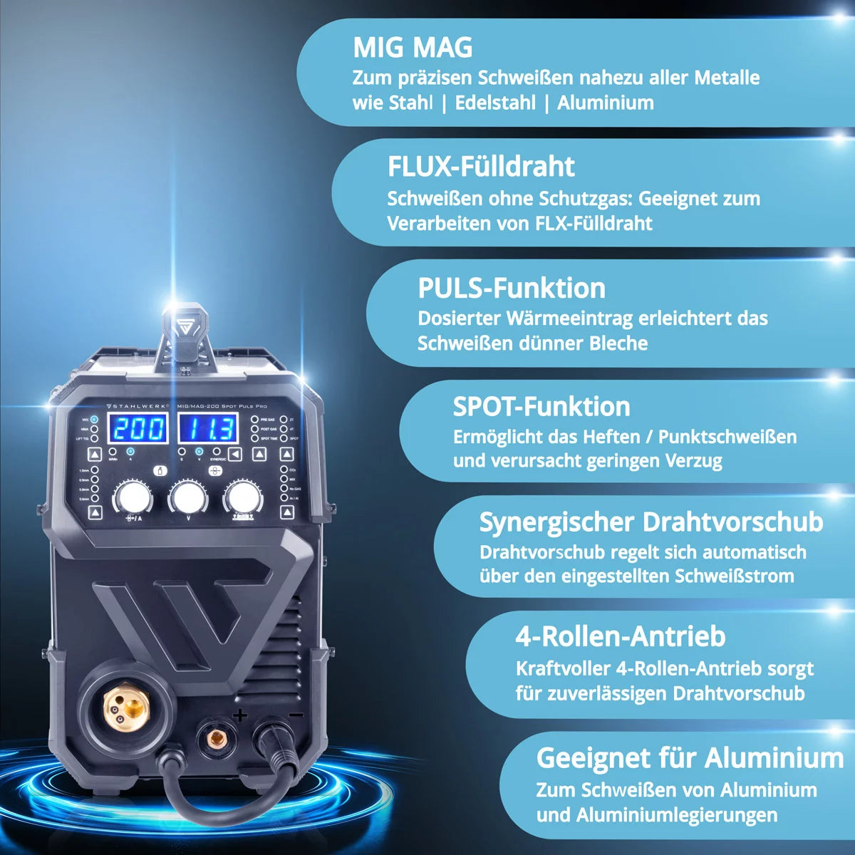 STAHLWERK Schweißgerät MIG MAG 200 Spot Puls Pro Vollausstattung, Vollsynergischer IGBT Inverter, 5 in 1 Kombigerät mit Spotfunktion und 200 Ampere, Alu | Fülldraht | MIG MAG | ARC MMA | Lift TIG | Puls
