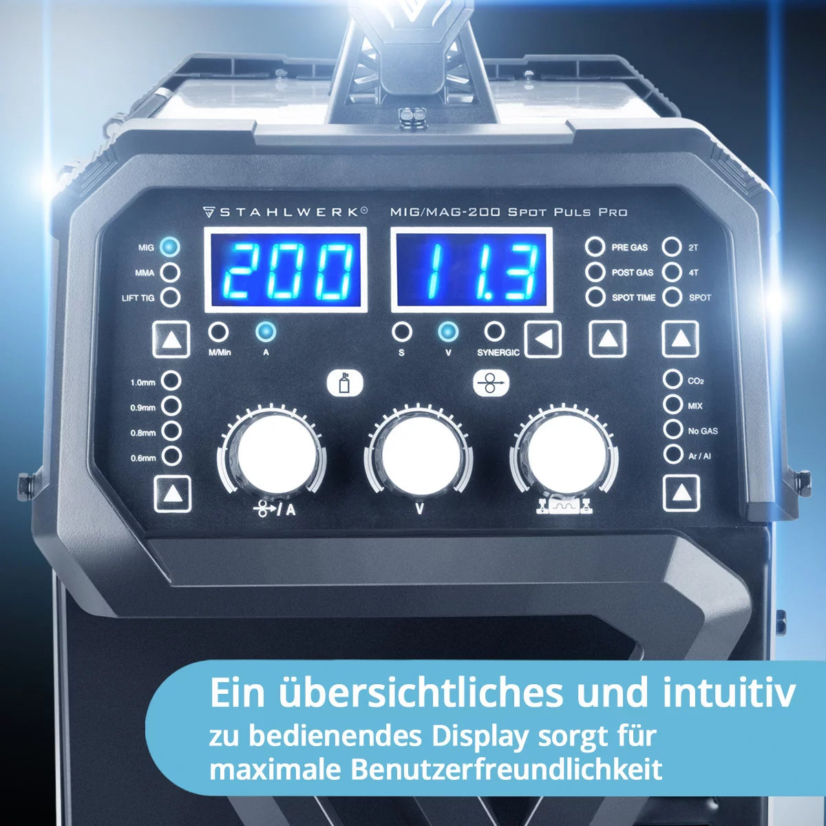 STAHLWERK Schweißgerät MIG MAG 200 Spot Puls Pro Vollausstattung, Vollsynergischer IGBT Inverter, 5 in 1 Kombigerät mit Spotfunktion und 200 Ampere, Alu | Fülldraht | MIG MAG | ARC MMA | Lift TIG | Puls