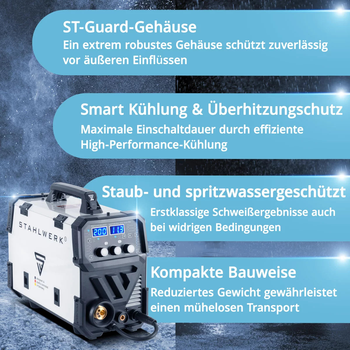 Stahlwerk Mig Mag 200 Spot Puls Pro, onduleur IGBT entièrement synergie, 5 sur 1 dispositif de combinaison avec fonction ponctuelle et 200 ampères, aluminium | Remplissez le fil | Mig mag | Arc mma | Lift tig | impulsion