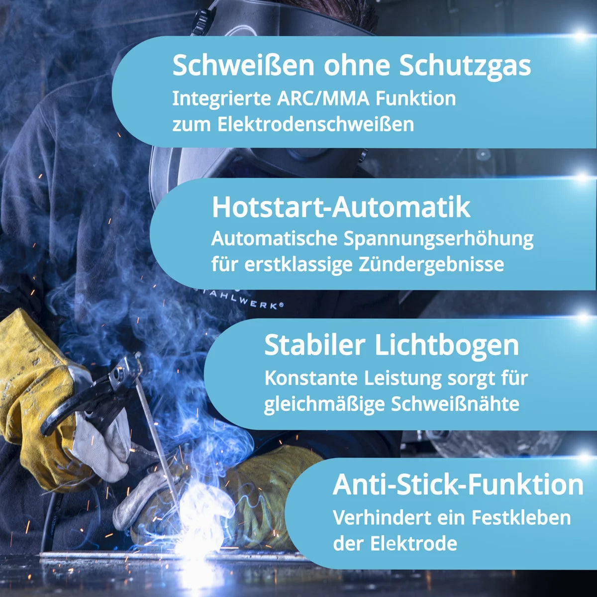 Stahlwerk Mig Mag 200 Spot Puls Pro, onduleur IGBT entièrement synergie, 5 sur 1 dispositif de combinaison avec fonction ponctuelle et 200 ampères, aluminium | Remplissez le fil | Mig mag | Arc mma | Lift tig | impulsion